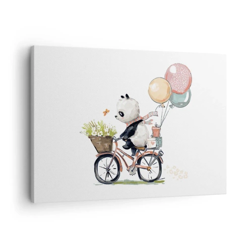 Obraz na płótnie - Panda na rowerze z balonami i kwiatami - 70x50cm - Szczęśliwy dzień - Nowoczesna dekoracja ścienna do salonu i sypialni ARTTOR