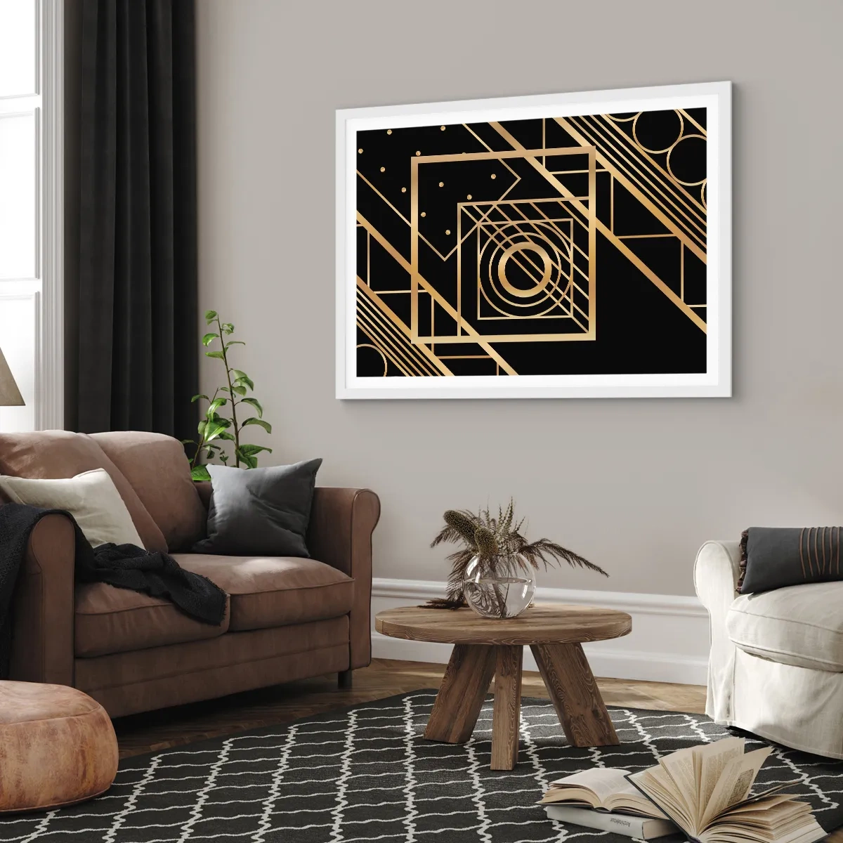 Plakat w białej ramie - Złota geometria - 70x50 cm
