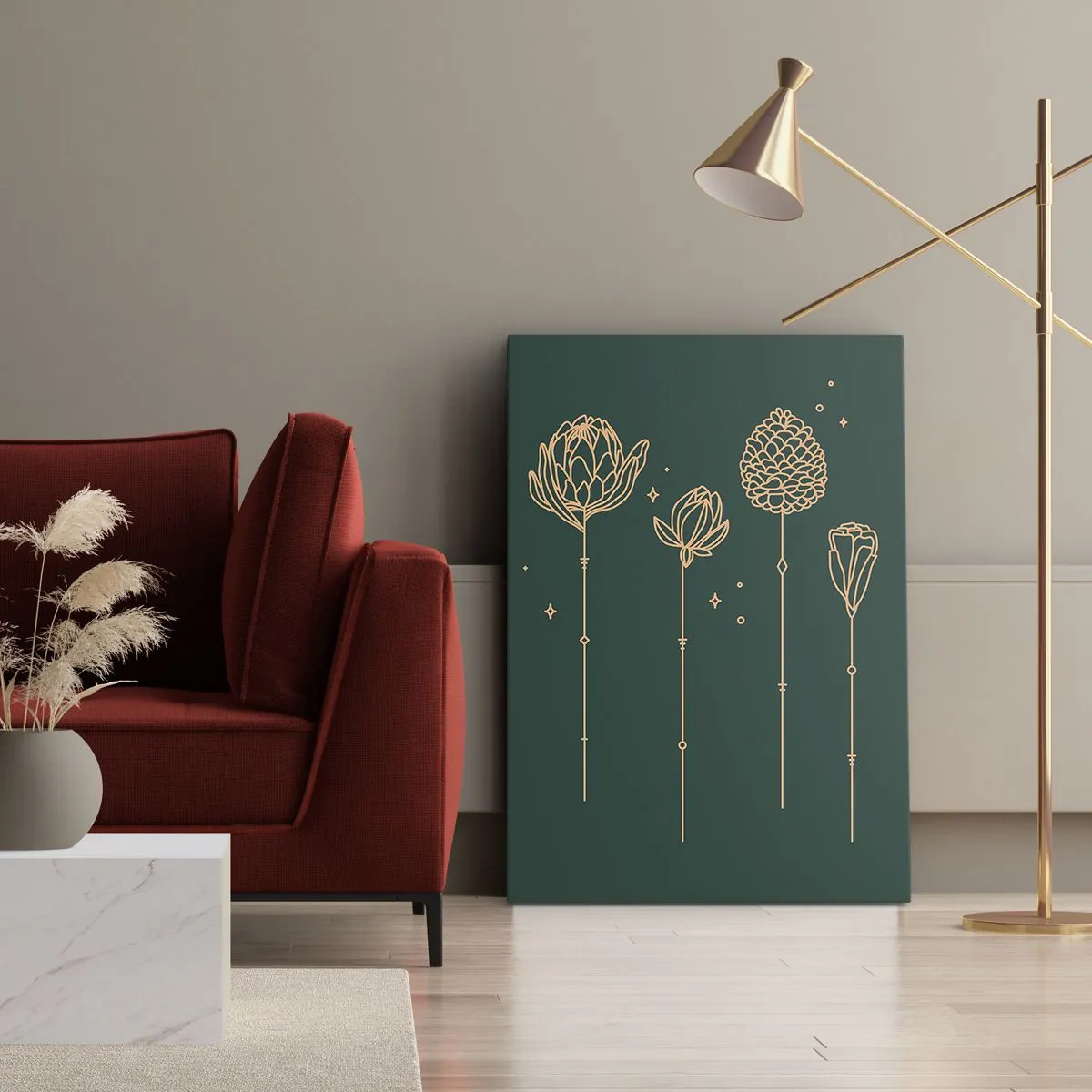 Obraz na płótnie - Minimalistyczna ilustracja złotych kwiatów na ciemnozielonym tle. - 50x70cm - Rodzina ZIÓŁkowskich - Nowoczesna dekoracja ścienna do salonu, kuchni i sypialni ARTTOR