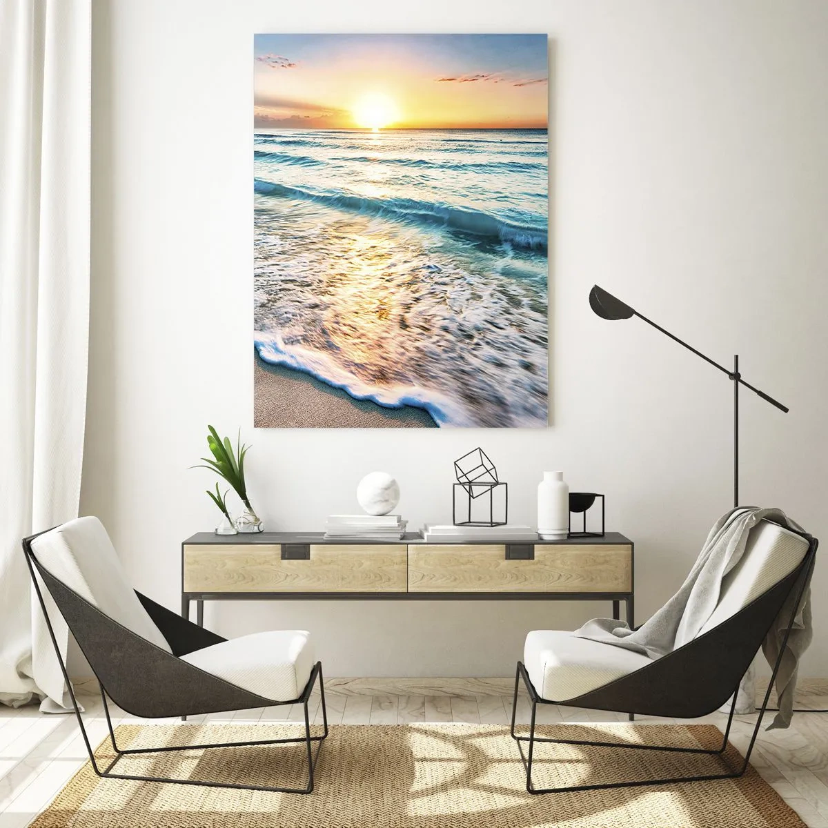 Obraz na szkle - Plaża o poranku z falami i wschodem słońca - 50x70cm - Widok wart zachodu - Nowoczesna dekoracja ścienna do salonu, kuchni i sypialni ARTTOR