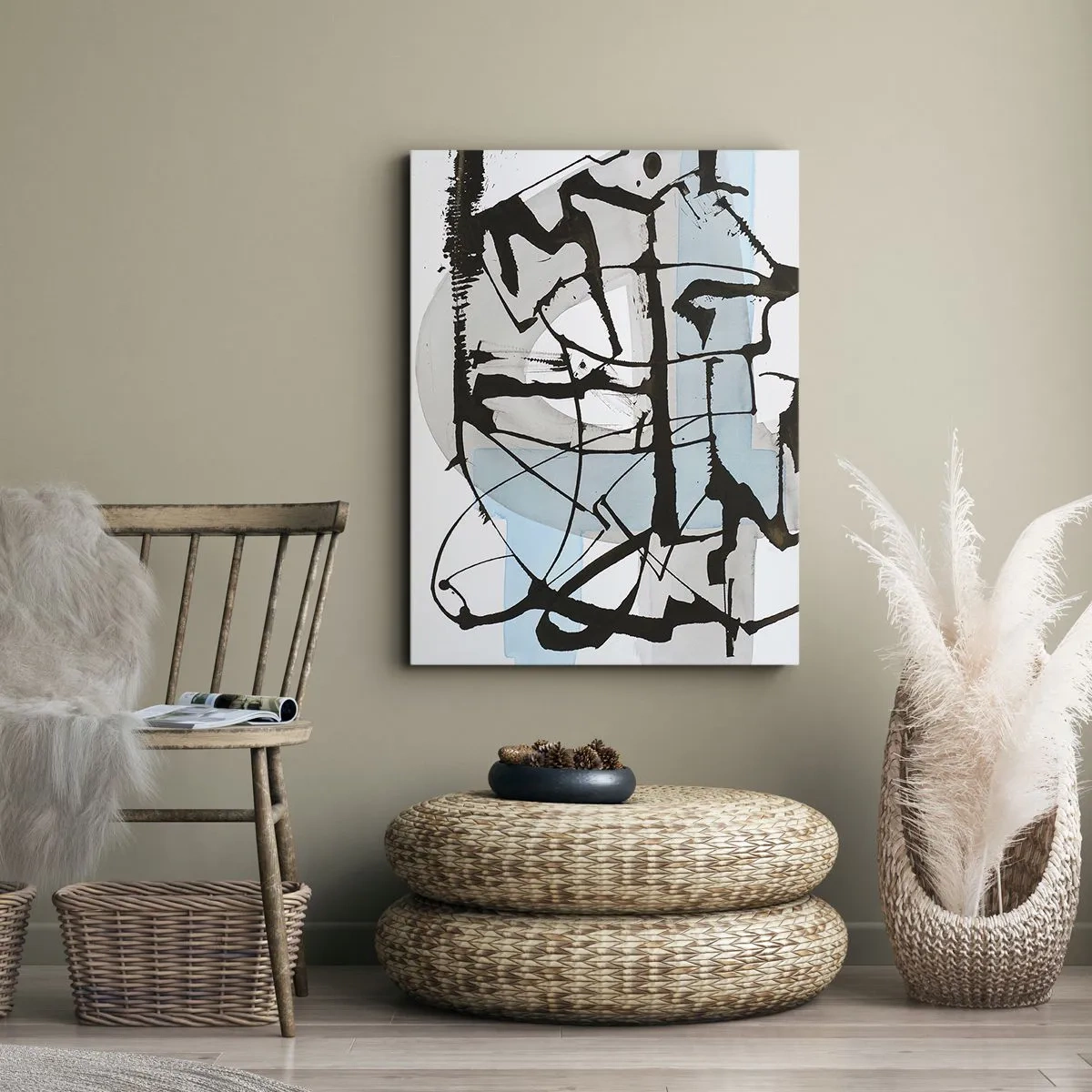 Obraz na płótnie - Abstrakcyjna kompozycja czarnych linii i błękitnych akcentów na białym tle - 50x70cm - Mimo wszystko błękitny - Nowoczesna dekoracja ścienna do salonu, kuchni i sypialni ARTTOR