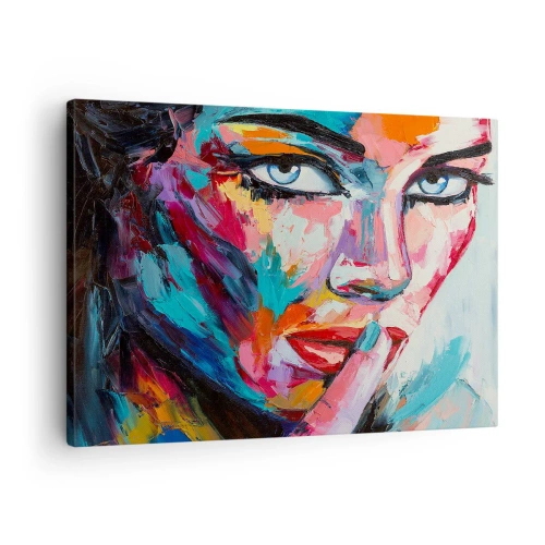 Obraz na płótnie - Kolorowy portret kobiety w stylu abstrakcyjnym - 70x50cm - Nasza pierwsza tajemnica - Nowoczesna dekoracja ścienna do salonu i sypialni ARTTOR