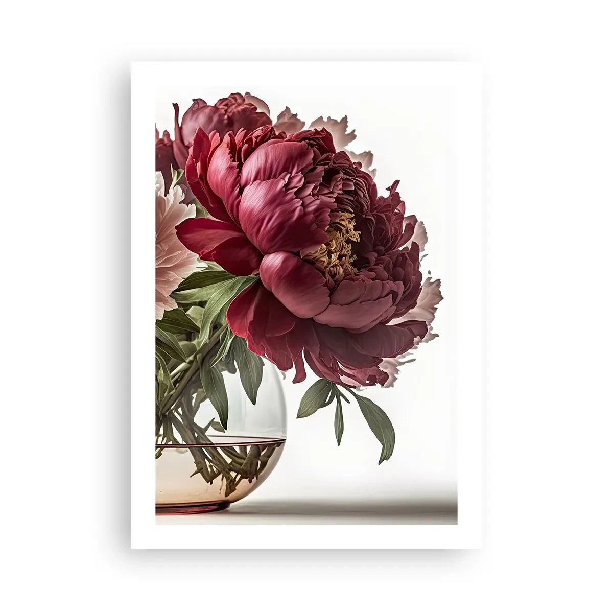 Plakat - Czerwone piwonie w szklanym wazonie na białym tle - 50x70cm - W pełnym rozkwicie urody - Nowoczesna dekoracja ścienna do salonu, kuchni i sypialni ARTTOR