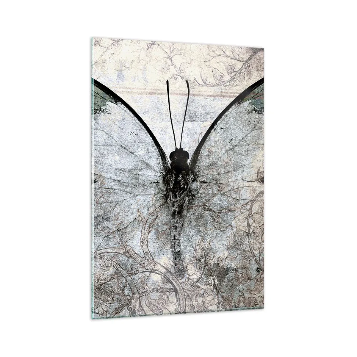 Obraz na szkle - Motyl w odcieniach zieleni i szarości na ozdobnym tle - 80x120cm - W secesyjnym stylu - Nowoczesna dekoracja ścienna do salonu i sypialni ARTTOR