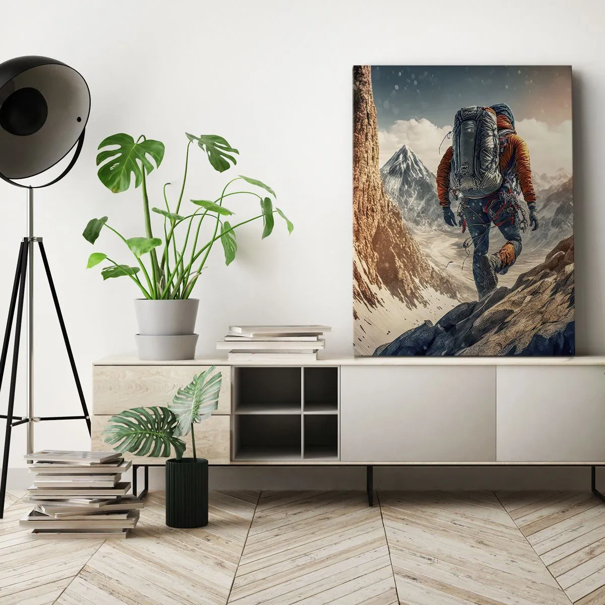 Obraz na płótnie - Wspinacz na górskim szlaku w zimowym krajobrazie - 70x100cm - Samotny wojownik - Nowoczesna dekoracja ścienna do salonu i sypialni ARTTOR