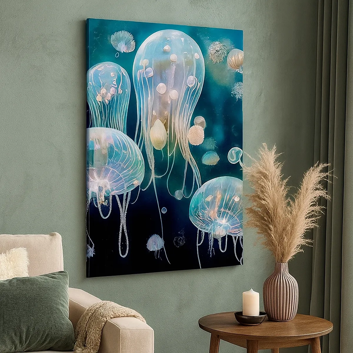 Obraz na płótnie - Eteryczne meduzy unoszące się w głębinach oceanu z delikatnym światłem - 50x70cm - Podwodny bal - Nowoczesna dekoracja ścienna do salonu, kuchni i sypialni ARTTOR