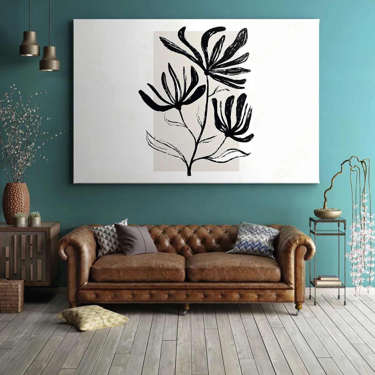Obraz na płótnie - Minimalistyczny czarno-biały motyw kwiatowy - 70x50cm - Szkic do zielnika - Nowoczesna dekoracja ścienna do salonu i sypialni ARTTOR