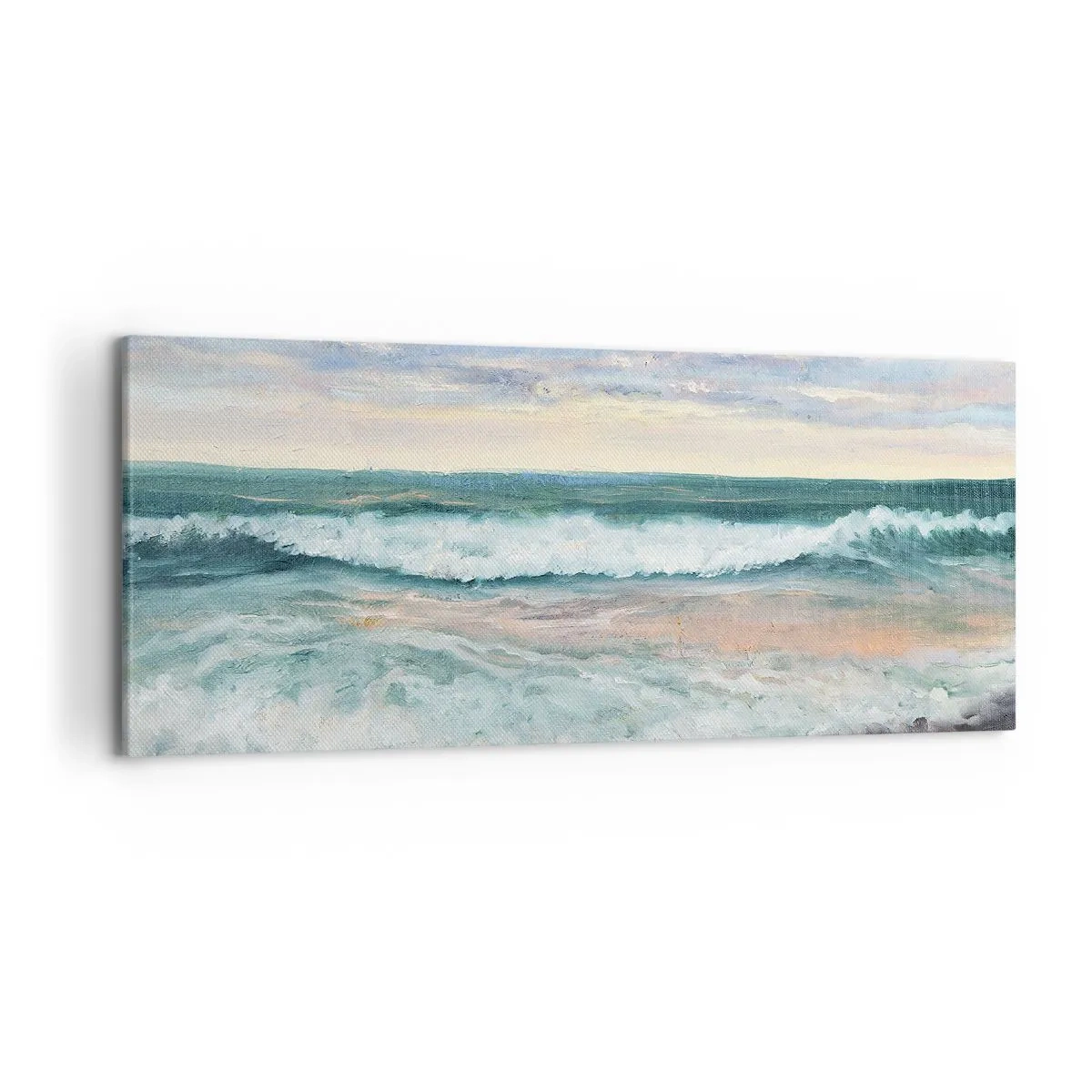 Obraz na płótnie - Morskie fale na tle zachmurzonego nieba o zachodzie słońca - 120x50cm - Tutaj wygładzisz duszę - Nowoczesna dekoracja ścienna do salonu i sypialni ARTTOR