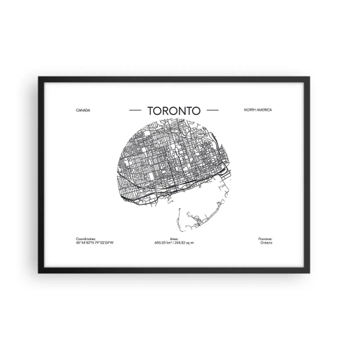 Plakat w czarnej ramie - Mapa Toronto w minimalistycznym, czarno-białym stylu - 70x50cm - Anatomia Toronto - Nowoczesna dekoracja ścienna do salonu i sypialni ARTTOR