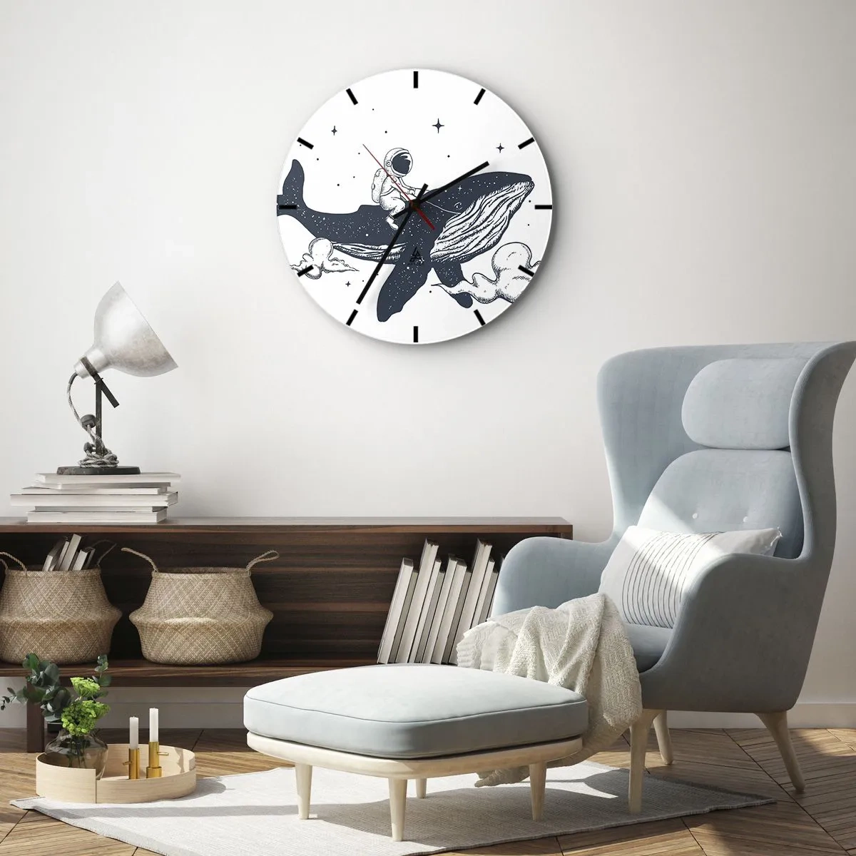 Zegar ścienny - Astronauta jadący na wielorybie w kosmosie - 30x30cm - Kosmiczna przygoda - Nowoczesna dekoracja ścienna do salonu, kuchni i sypialni ARTTOR
