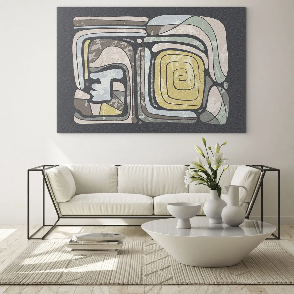 Obraz na szkle - Geometryczna abstrakcja w kolorach ziemi na czarnym tle - 70x50cm - Abstrakcja w duchu prekolumbijskim - Nowoczesna dekoracja ścienna do salonu i sypialni ARTTOR
