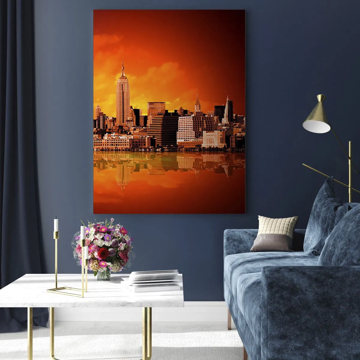 Obraz na szkle - Panorama miasta o zachodzie słońca - 50x70cm - Panorama wielkomiejska w żólci i brązie - Nowoczesna dekoracja ścienna do salonu, kuchni i sypialni ARTTOR