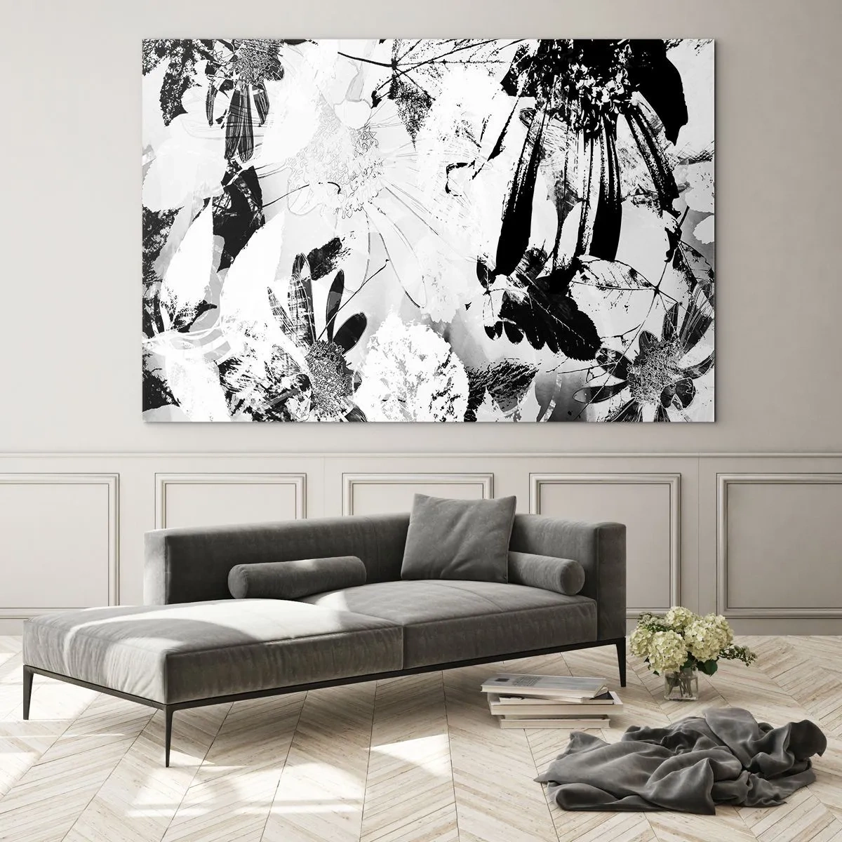Obraz na szkle - Czarno-biała kompozycja kwiatowa w artystycznym stylu - 70x50cm - Jesień w negatywie - Nowoczesna dekoracja ścienna do salonu i sypialni ARTTOR