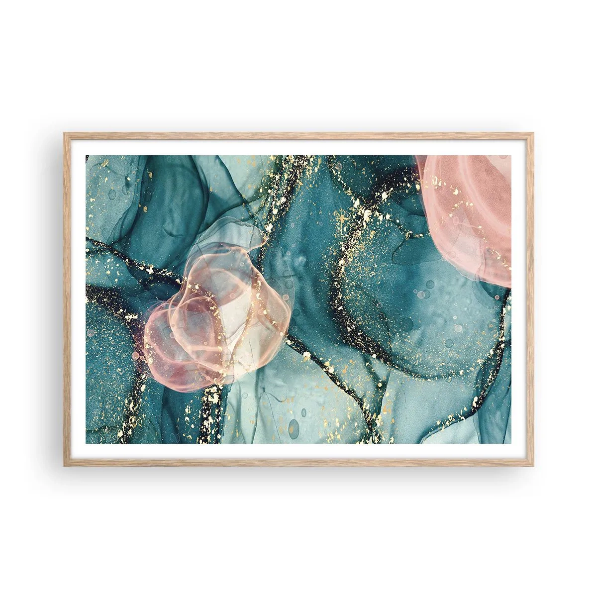 Plakat w ramie jasny dąb - Jedwabny błękit, tiulowy róż - 100x70 cm