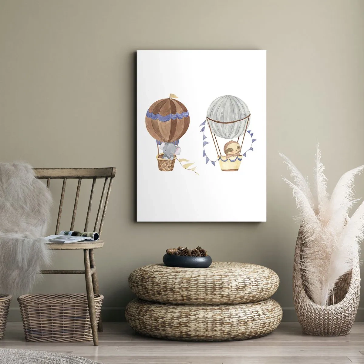 Obraz na płótnie - Balony z uroczymi zwierzętami na białym tle - 50x70cm - Przyjaciele w podróży - Nowoczesna dekoracja ścienna do salonu, kuchni i sypialni ARTTOR