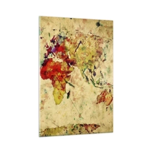 Obraz na szkle - Mapa świata w kolorowej artystycznej interpretacji - 80x120cm - Życie jak barwny papier mapy - Nowoczesna dekoracja ścienna do salonu i sypialni ARTTOR