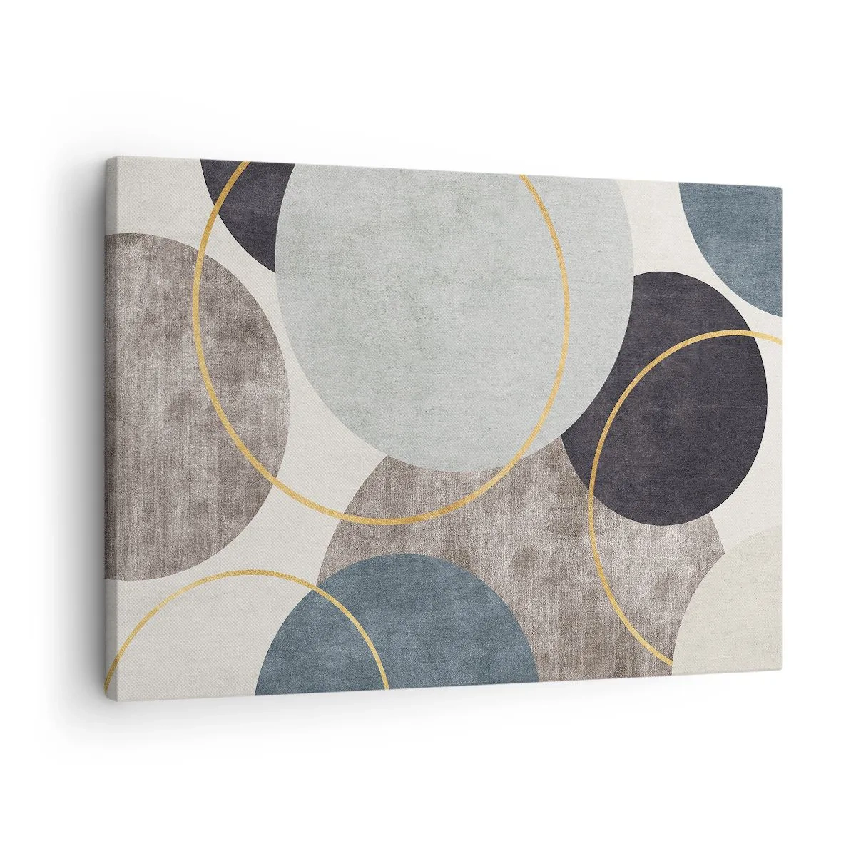Obraz na płótnie - Geometryczne okręgi w odcieniach szarości, błękitu i złota - 70x50cm - Koło za kołem - Nowoczesna dekoracja ścienna do salonu i sypialni ARTTOR