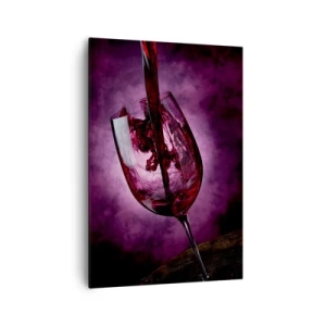 Obraz na płótnie - Czerwone wino wlewane do kieliszka na tle fioletowego dymu - 70x100cm - Szkarłat? Karmin? Nie, rubin. - Nowoczesna dekoracja ścienna do salonu i sypialni ARTTOR