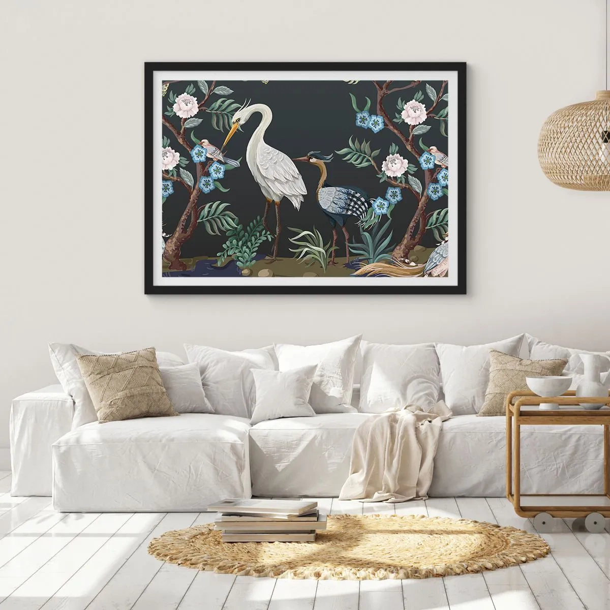 Plakat w czarnej ramie - Malowane ptaki i rośliny na ciemnym tle o eleganckim wzorze - 70x50cm - Ptasia parada - Nowoczesna dekoracja ścienna do salonu i sypialni ARTTOR