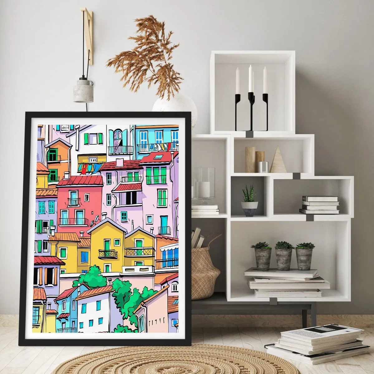 Plakat w czarnej ramie - Kolorowe kamienice w ilustracyjnym stylu - 50x70cm - Wesołe miasto - Nowoczesna dekoracja ścienna do salonu i sypialni ARTTOR