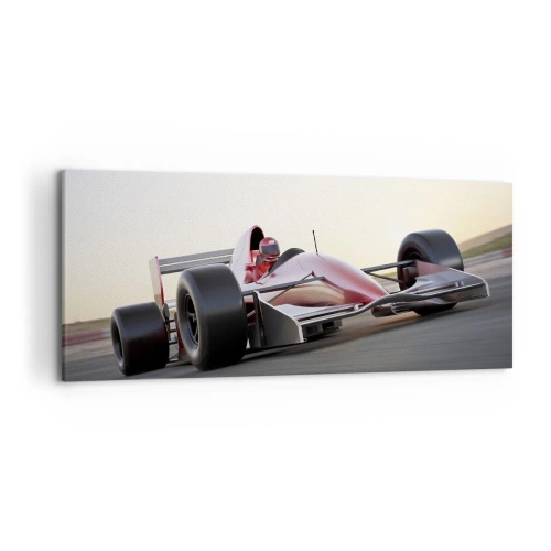 Obraz na płótnie - Czerwony bolid Formuły 1 na torze wyścigowym w trakcie jazdy - 120x50cm - Zawsze zwycięzca - Nowoczesna dekoracja ścienna do salonu i sypialni ARTTOR
