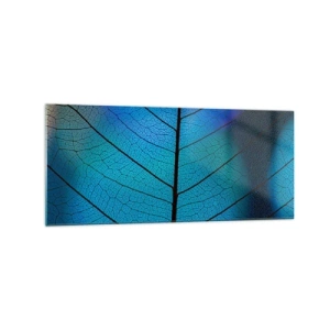 Obraz na szkle - Zbliżenie na niebieski liść z widocznym detalem żyłek - 120x50cm - Misterna budowa - Nowoczesna dekoracja ścienna do salonu i sypialni ARTTOR