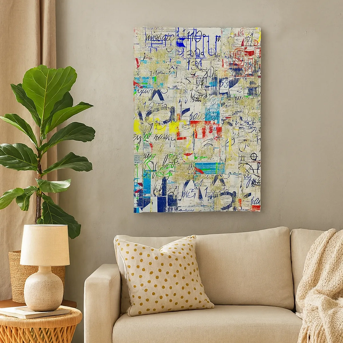 Obraz na płótnie - Abstrakcyjna kompozycja z napisami i kolorami - 50x70cm - Po prostu cieszy oczy - Nowoczesna dekoracja ścienna do salonu, kuchni i sypialni ARTTOR