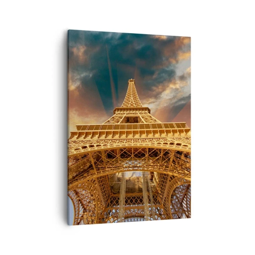 Obraz na płótnie - Wieża Eiffla w ciepłym świetle zachodu - 50x70cm - Jak ludzkość sięgnęła nieba - Nowoczesna dekoracja ścienna do salonu, kuchni i sypialni ARTTOR