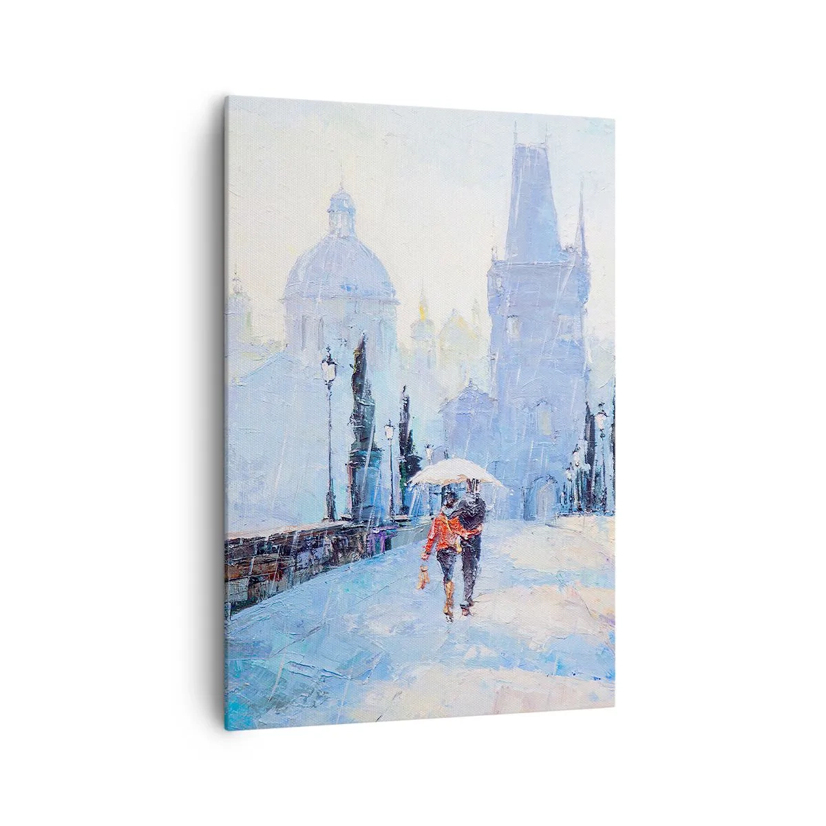 Obraz na płótnie - Romantyczna para na moście w deszczu, malarska scena - 70x100cm - Nas zaczarować musiał deszcz - Nowoczesna dekoracja ścienna do salonu i sypialni ARTTOR