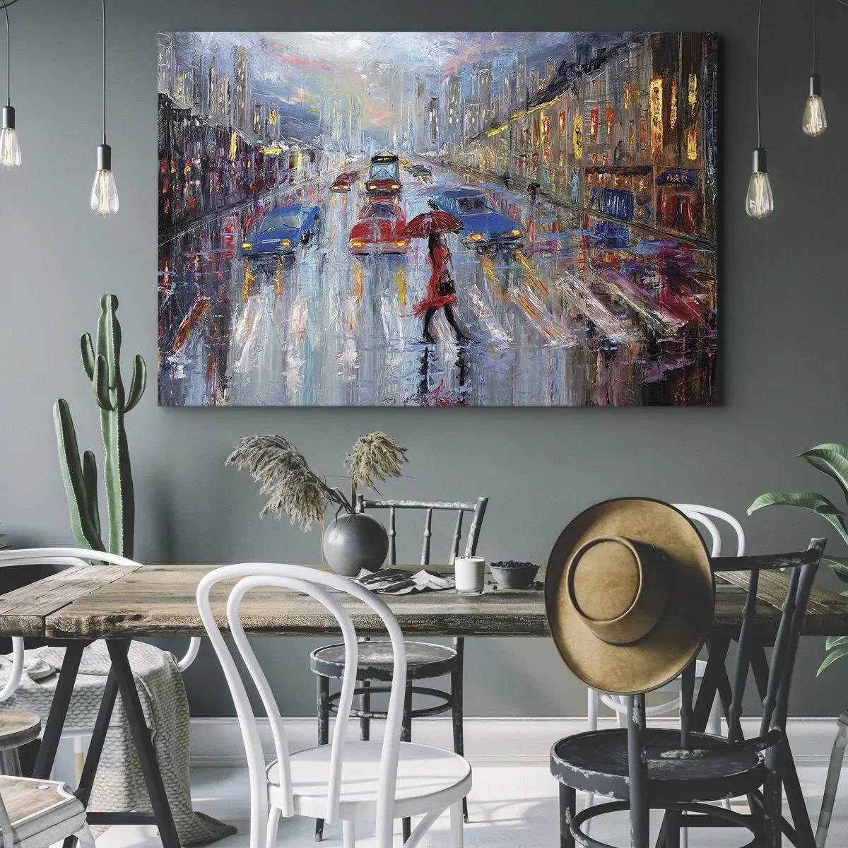 Obraz na płótnie - Kobieta z parasolem na deszczowej ulicy w świetle neonów - 70x50cm - Deszczowe popołudnie w mieście - Nowoczesna dekoracja ścienna do salonu i sypialni ARTTOR