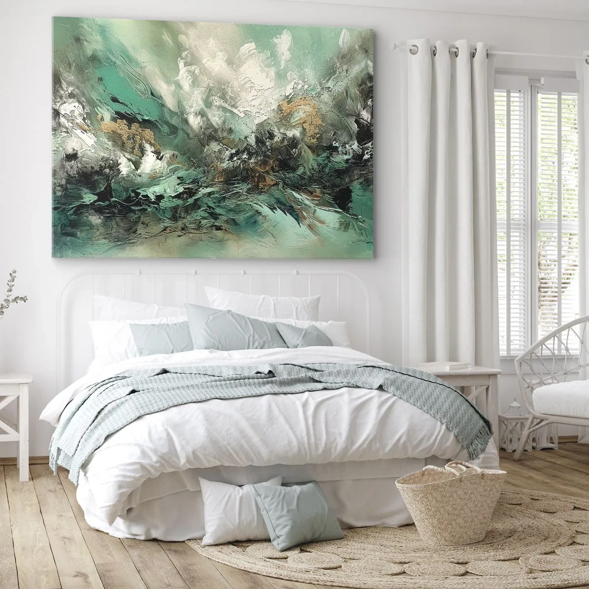 Obraz na płótnie - Abstrakcyjny pejzaż w odcieniach zieleni i złota - 70x50cm - Szmaragdowo-czarna kipiel - Nowoczesna dekoracja ścienna do salonu i sypialni ARTTOR