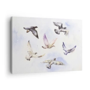 Obraz na płótnie - Akwarelowe ptaki w locie na tle delikatnego nieba - 70x50cm - Wolność w szarości i błękicie - Nowoczesna dekoracja ścienna do salonu i sypialni ARTTOR