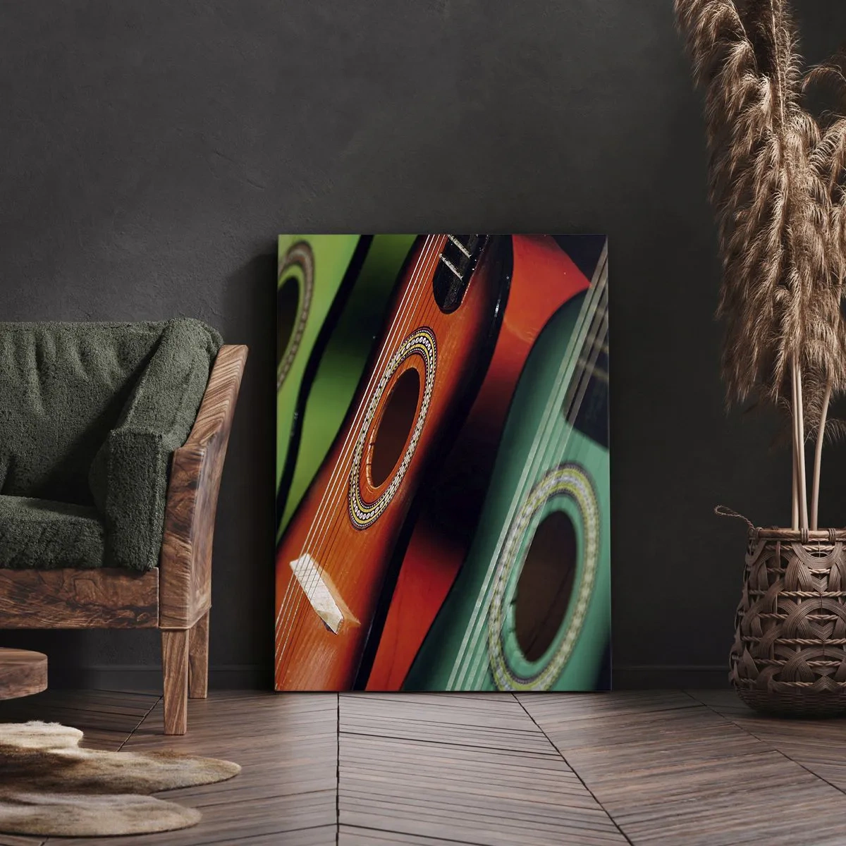 Obraz na płótnie - Kolorowe gitary w różnych barwach na ciemnym tle - 50x70cm - Gitara ma wiele barw - Nowoczesna dekoracja ścienna do salonu, kuchni i sypialni ARTTOR