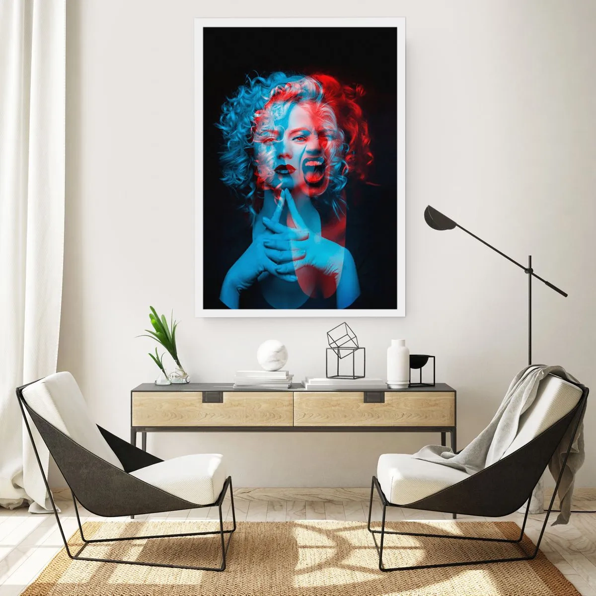 Plakat - Artystyczny portret kobiety w efektach 3D w czerwieni i błękicie - 50x70cm - Alter ego - Nowoczesna dekoracja ścienna do salonu, kuchni i sypialni ARTTOR