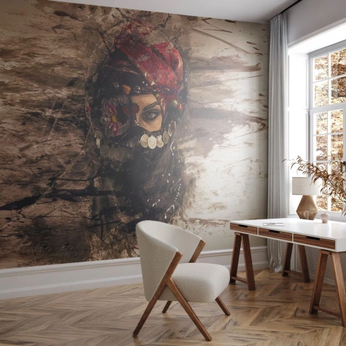 Fototapeta Premium Canvas - Co najmniej niepokojąca - Abstrakcja, Twarz Kobiety, Orientalne Symbole - 300x210 cm