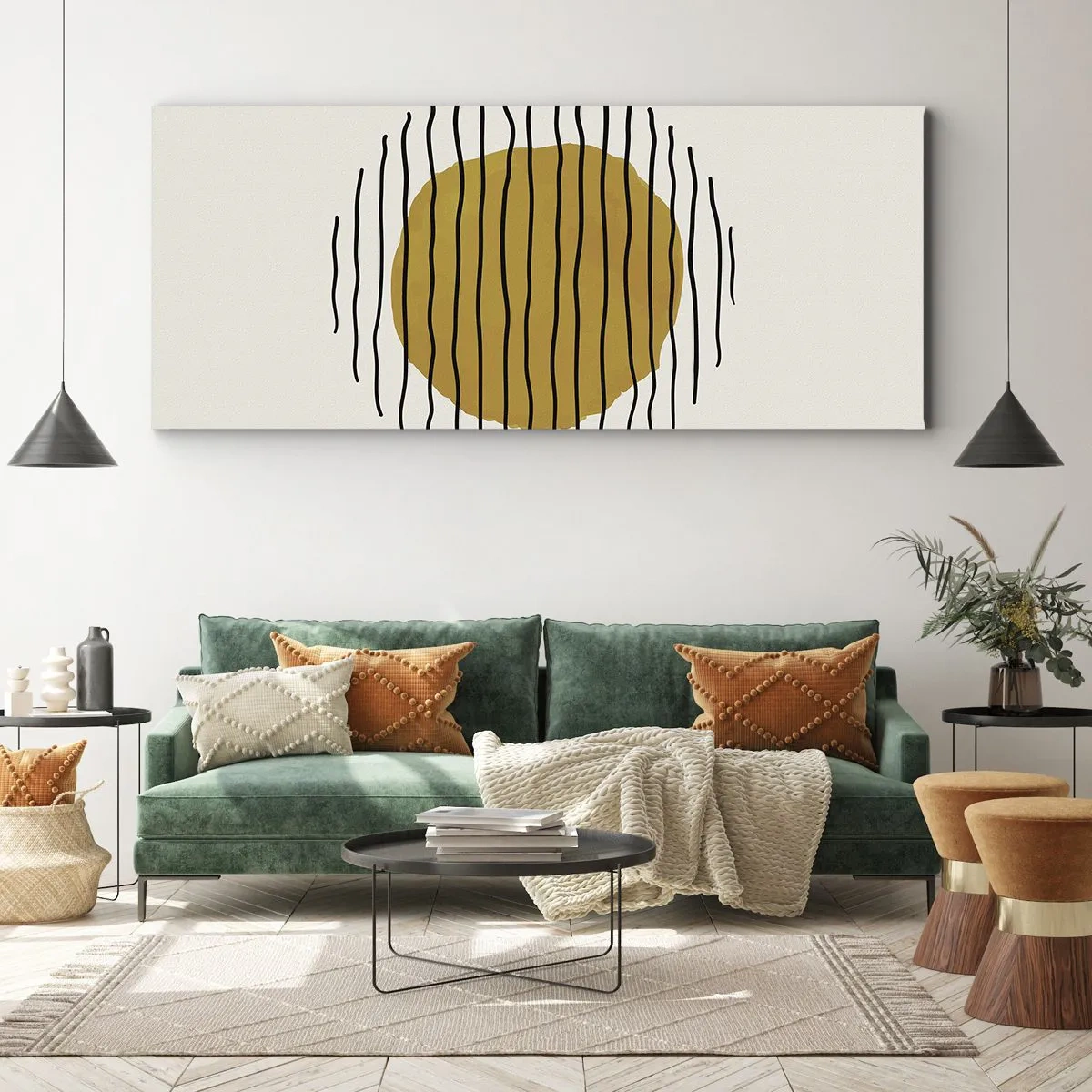 Obraz na płótnie - Minimalistyczny motyw z żółtym kołem i czarnymi liniami - 160x50cm - Abstrakcja drżąca od żaru - Nowoczesna dekoracja ścienna do salonu i sypialni ARTTOR