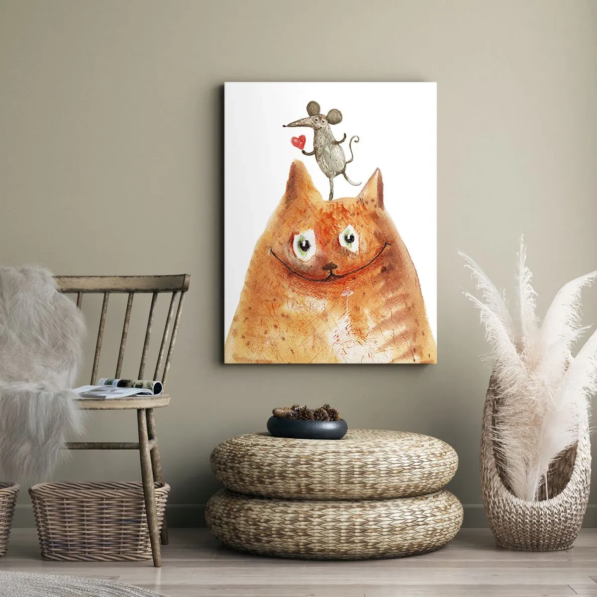 Obraz na płótnie - Rysunek kota z myszą na głowie trzymającą serce - 80x120cm - Paradoksy miłości - Nowoczesna dekoracja ścienna do salonu i sypialni ARTTOR