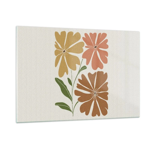 Obraz na szkle - Trzy stylizowane kwiaty w ciepłych barwach na jasnym tle - 120x80cm - Natura i geometria - Nowoczesna dekoracja ścienna do salonu, kuchni i sypialni ARTTOR
