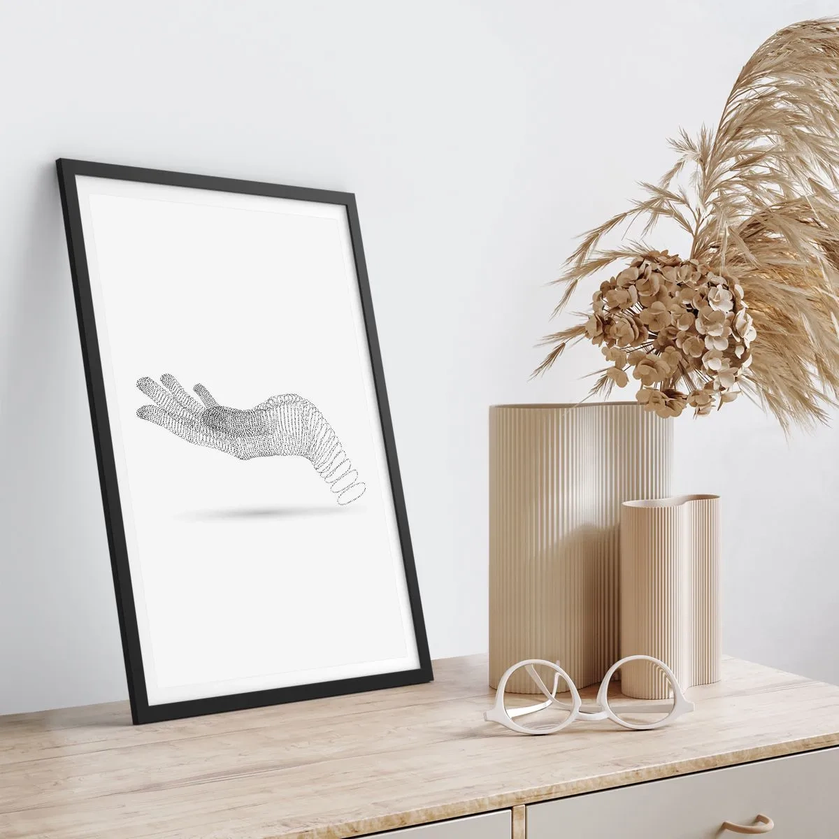 Plakat w czarnej ramie - Abstrakcyjna ręka z linii na białym tle - 50x70cm - Sprężysta dłoń - Nowoczesna dekoracja ścienna do salonu i sypialni ARTTOR