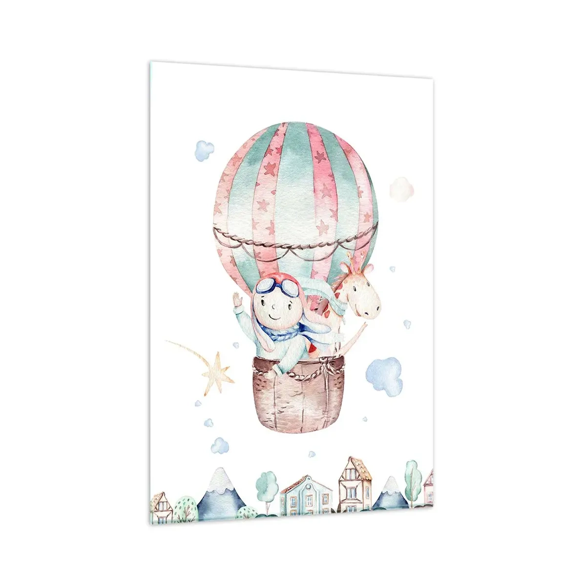 Obraz na szkle - Urocza akwarela z dzieckiem i konikiem w balonie unoszącym się nad domkami - 80x120cm - Wrócimy wkrótce! - Nowoczesna dekoracja ścienna do salonu i sypialni ARTTOR