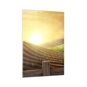 Obraz na szkle - Wiejski krajobraz z czerwoną stodołą, traktorem i wschodem słońca - 70x100cm - Farma jak z bajki - Nowoczesna dekoracja ścienna do salonu i sypialni ARTTOR