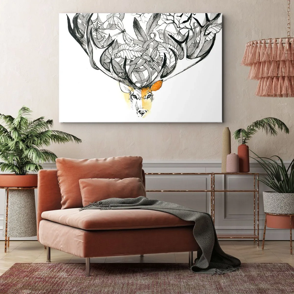 Obraz na płótnie - Subtelna grafika jelenia z ozdobnymi porożami - 70x50cm - Rogi obfitości - Nowoczesna dekoracja ścienna do salonu i sypialni ARTTOR