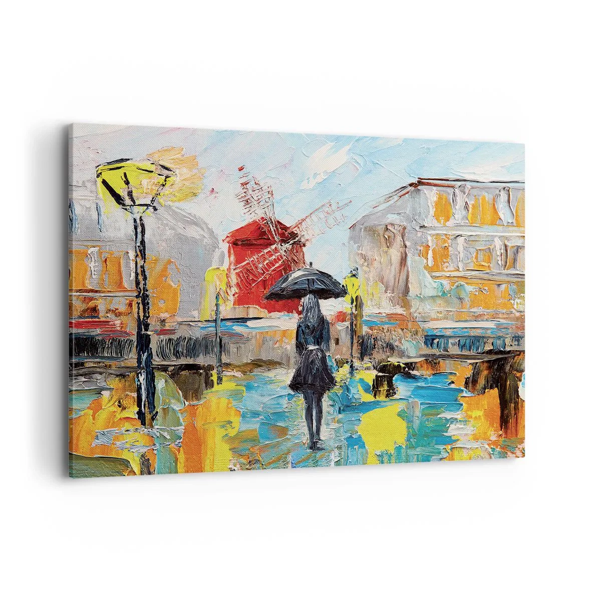 Obraz na płótnie - Malownicza scena z parasolem na tle Paryża w żywych kolorach - 100x70cm - Paryskie legendy - Nowoczesna dekoracja ścienna do salonu, kuchni i sypialni ARTTOR