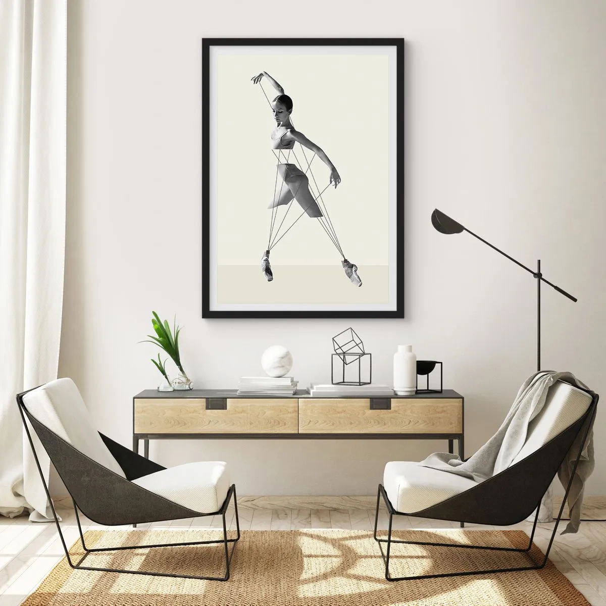 Plakat w czarnej ramie - Baletnica w artystycznej kompozycji z geometrycznymi liniami - 50x70cm - W teatrze świata - Nowoczesna dekoracja ścienna do salonu i sypialni ARTTOR