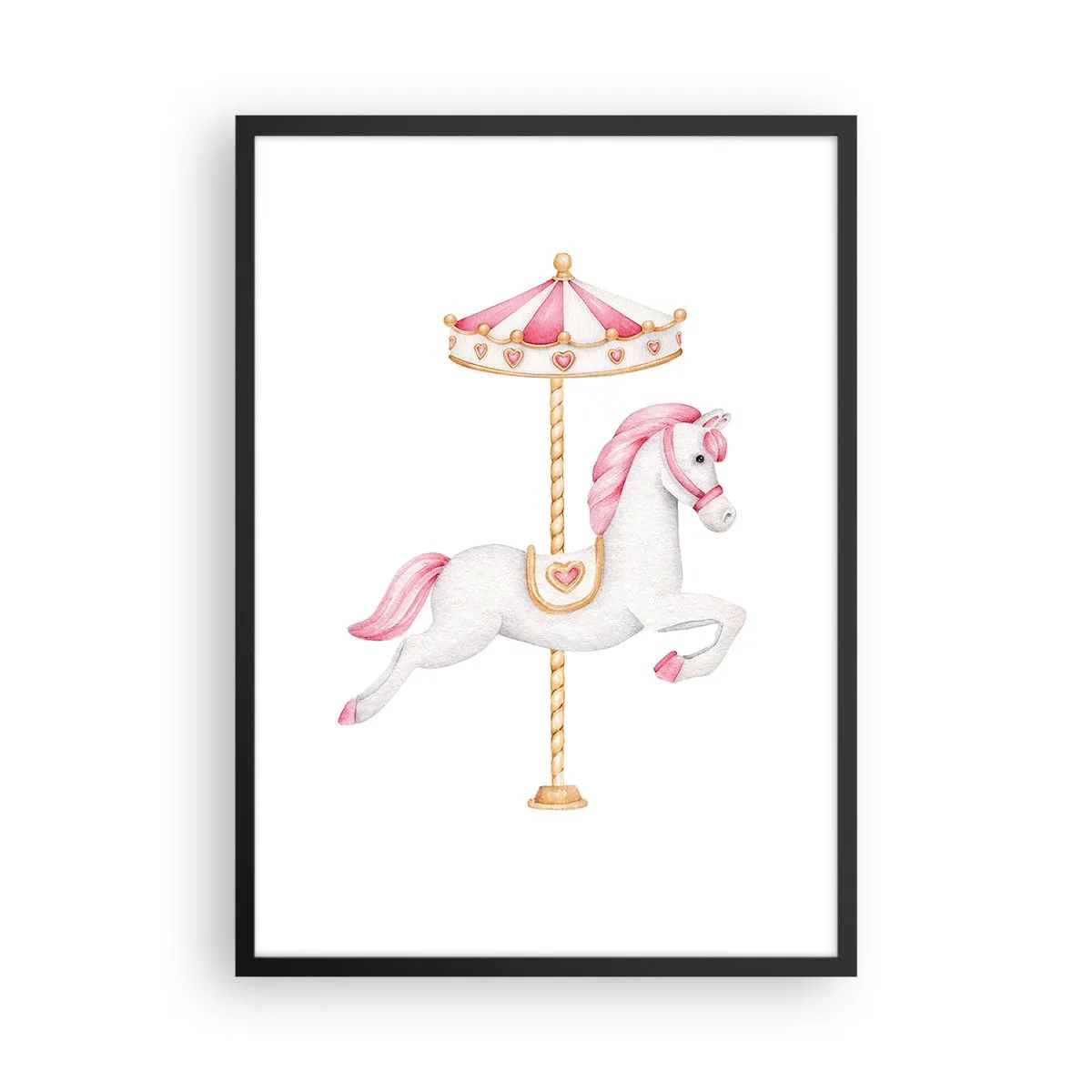 Plakat w czarnej ramie - Uroczy biały konik na karuzeli w pastelowych barwach - 50x70cm - Ruszył z kopyta - Nowoczesna dekoracja ścienna do salonu i sypialni ARTTOR