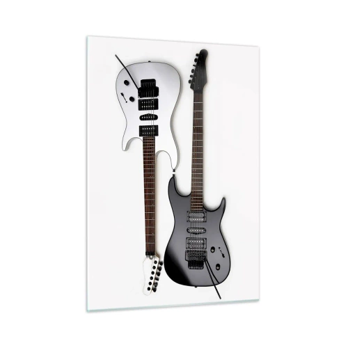 Obraz na szkle - Czarno-białe gitary elektryczne na białym tle - 50x70cm - Harmonia kształtów - Nowoczesna dekoracja ścienna do salonu, kuchni i sypialni ARTTOR