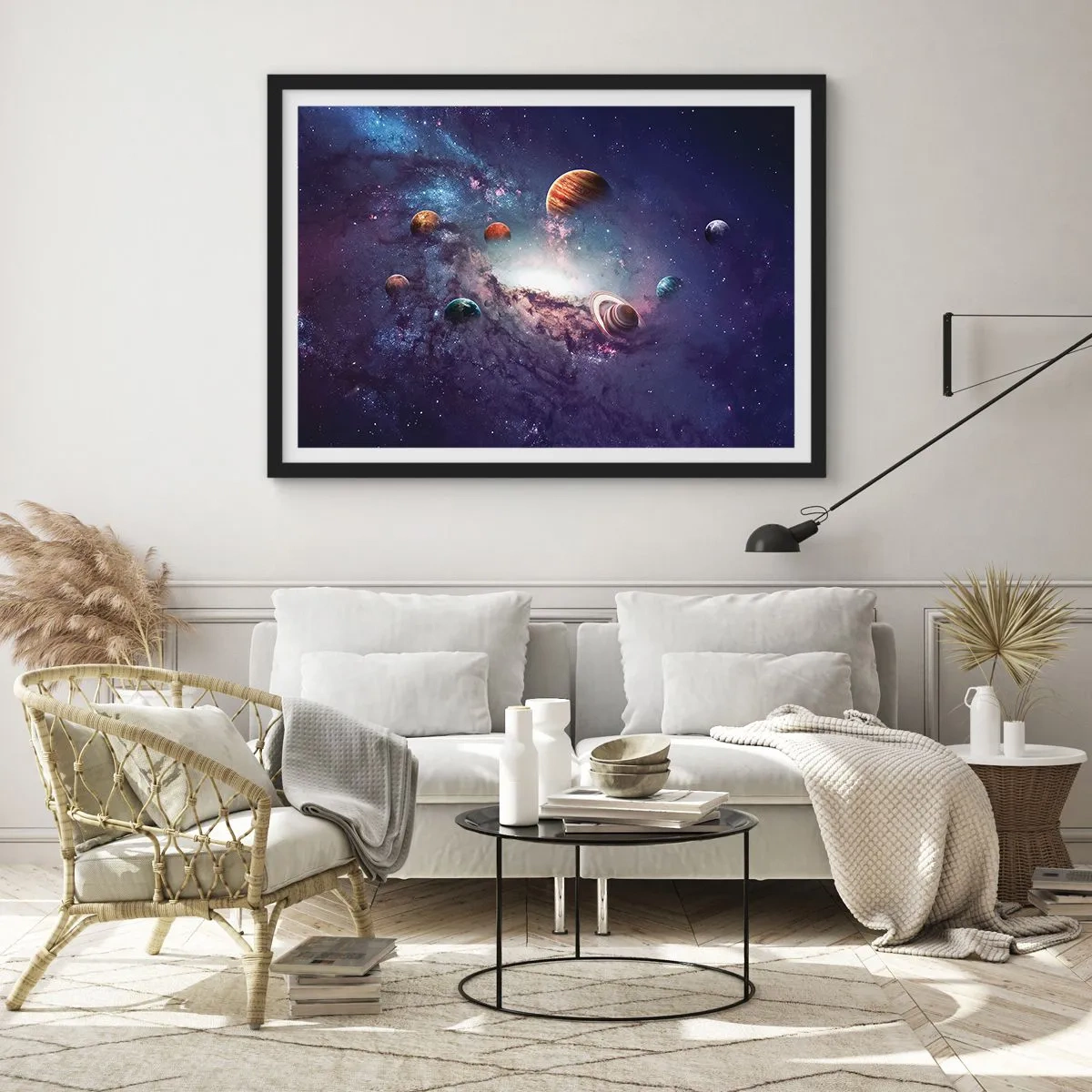 Plakat w czarnej ramie - Planety w galaktyce na tle mgławicy - 100x70cm - Układ słoneczno-taneczny - Nowoczesna dekoracja ścienna do salonu i sypialni ARTTOR