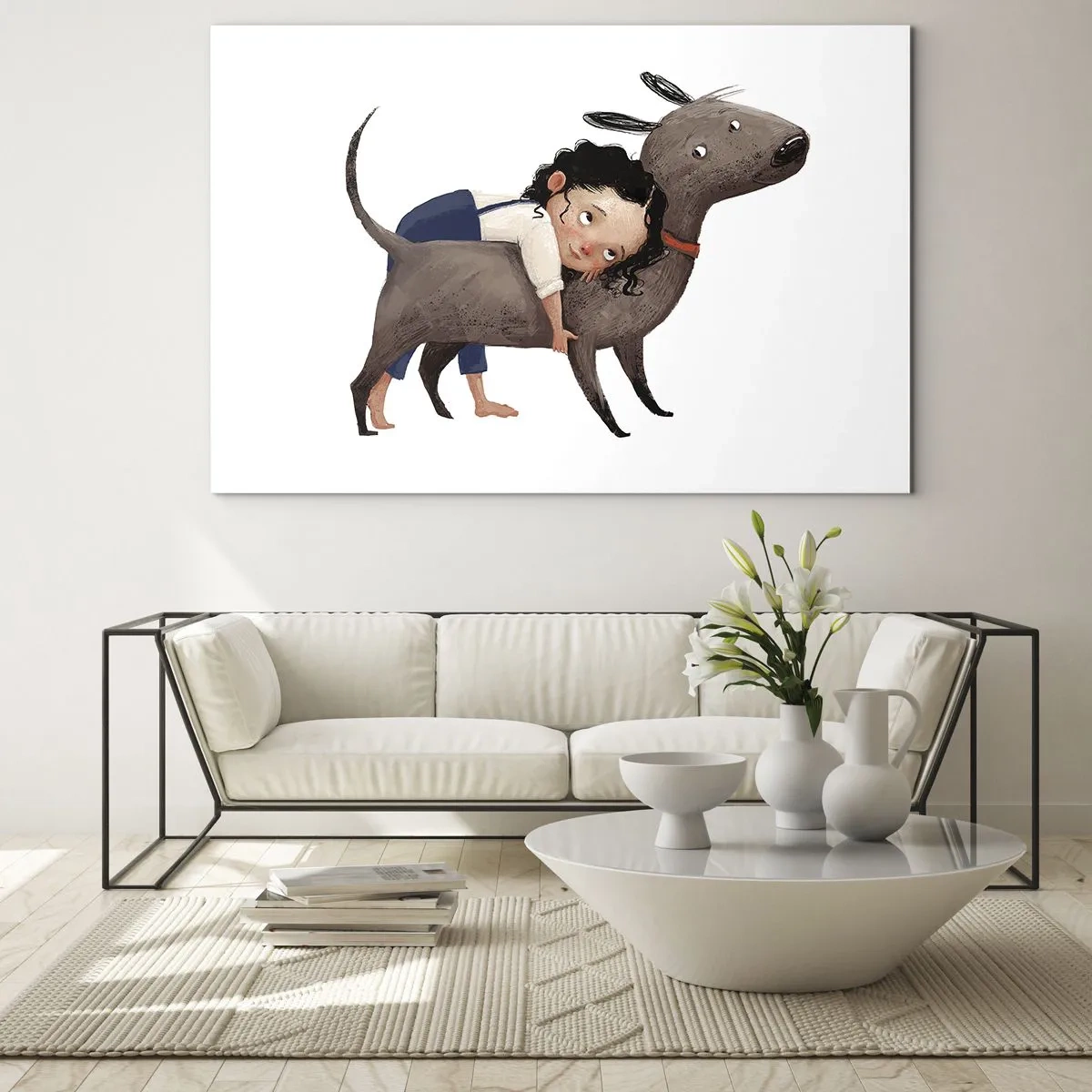 Obraz na szkle - Dziewczynka przytulająca dużego psa na białym tle - 70x50cm - Najlepsi przyjaciele - Nowoczesna dekoracja ścienna do salonu i sypialni ARTTOR