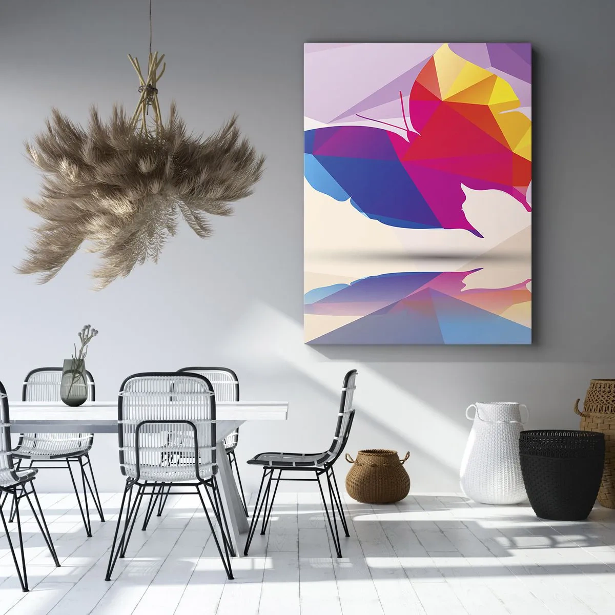 Obraz na płótnie - Geometryczny motyl w abstrakcyjnej kolorystyce - 50x70cm - Motyla tęcza - Nowoczesna dekoracja ścienna do salonu, kuchni i sypialni ARTTOR