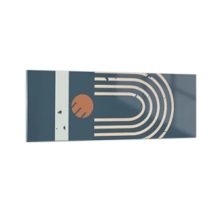 Obraz na szkle - Geometryczny wzór w odcieniach granatu, beżu i pomarańczu na ciemnym tle - 140x50cm - Geometria na granacie - Nowoczesna dekoracja ścienna do salonu i sypialni ARTTOR
